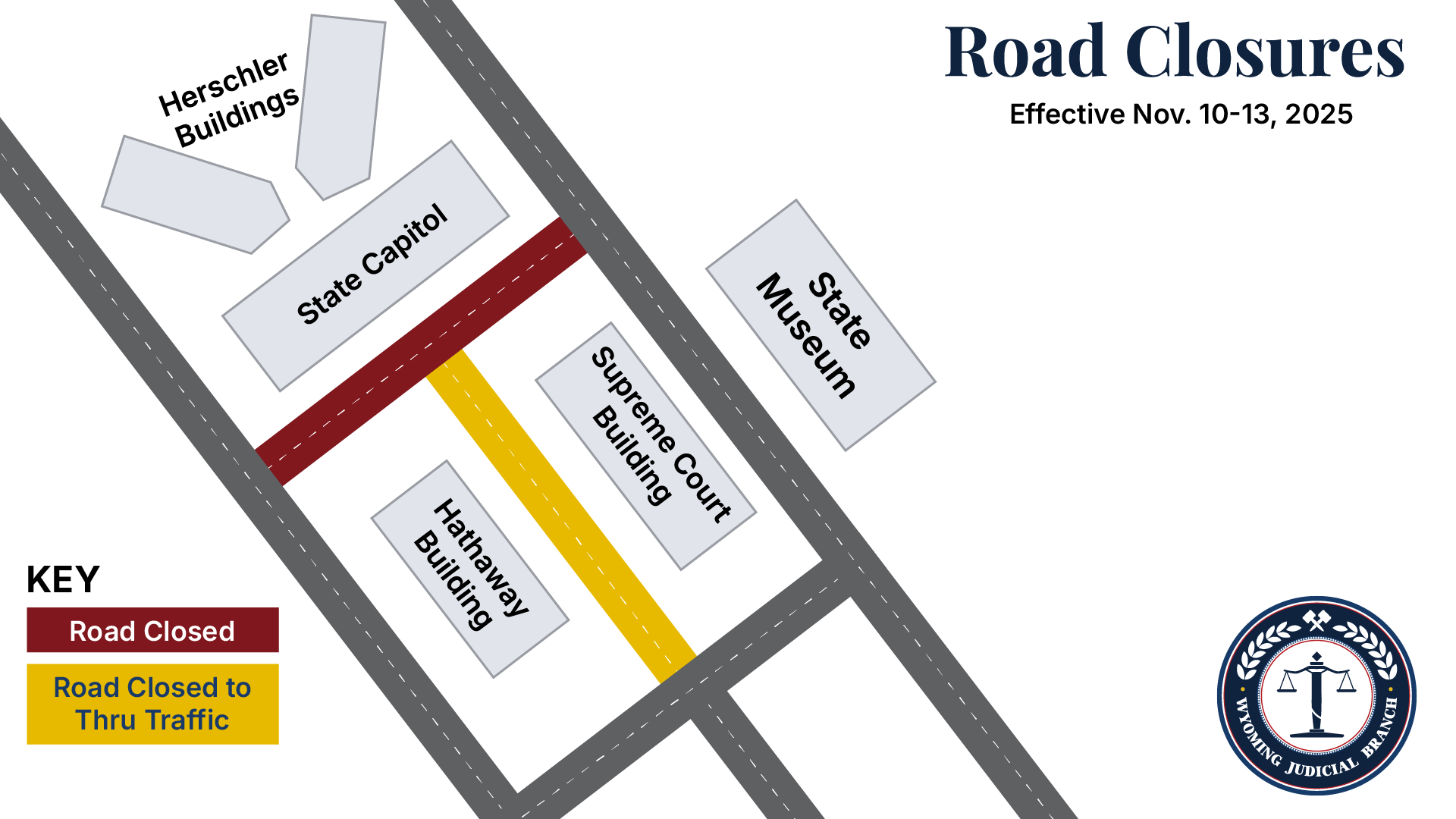 A map of road closures around the Wyoming Supreme Court building.